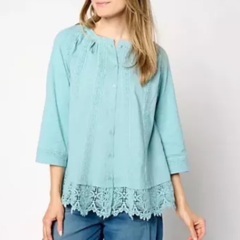 LOGO by Lori Goldstein Woven Button Front Top with Lace Stillwater Blue,1X